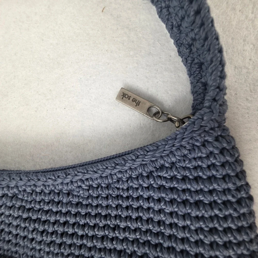 The Sak Crochet Shoulder Bag Slate Blue Boho Knit Hobo Zippered Purse Handbag